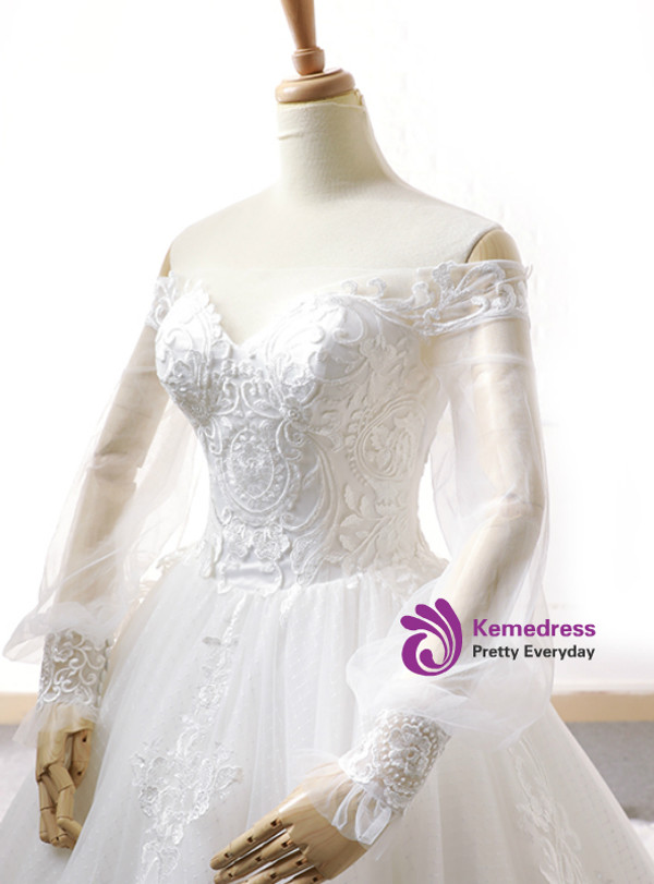 White Ball Gown Off The Shoulder Long Sleeve Appliques Wedding Dress