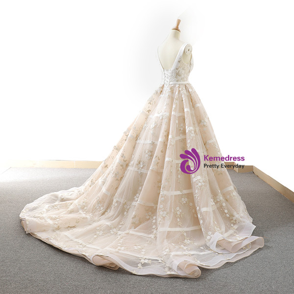 Ivory Ball Gown V-neck Backless Train Appliques Wedding Dress