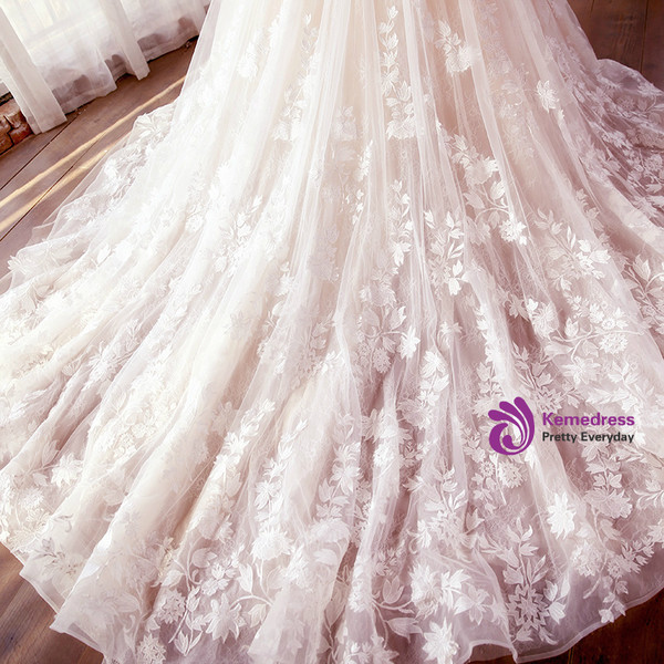 Champagne Ball Gown Off The Shoulder Appliques Wedding Dress