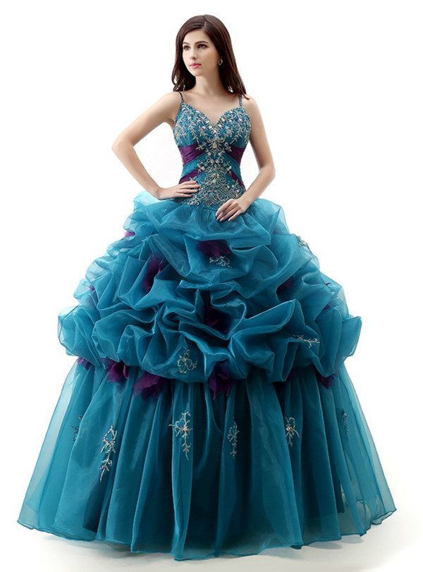 Blue Organza Spaghetti Straps Backless Floor Length Beading Wedding Dress