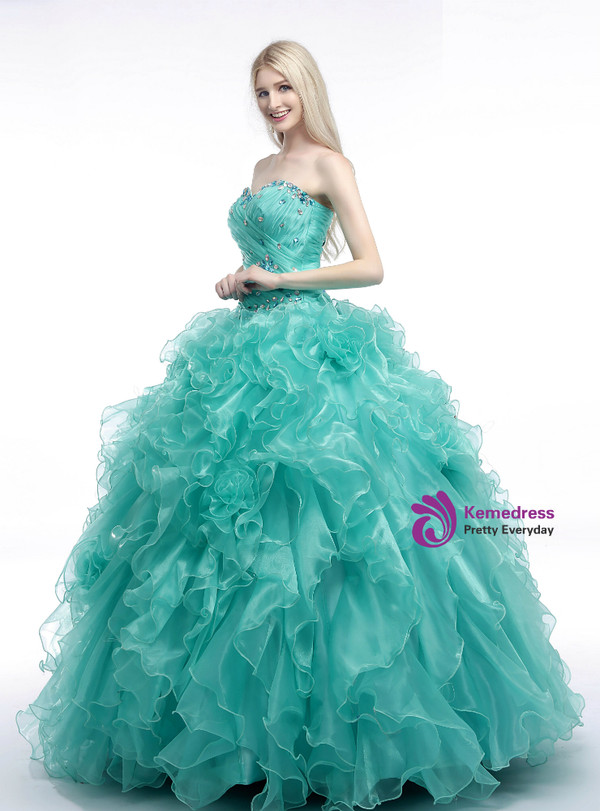 Green Ball Gown Sweetheart Neck Organza Ruffle Pleats Wedding Dress