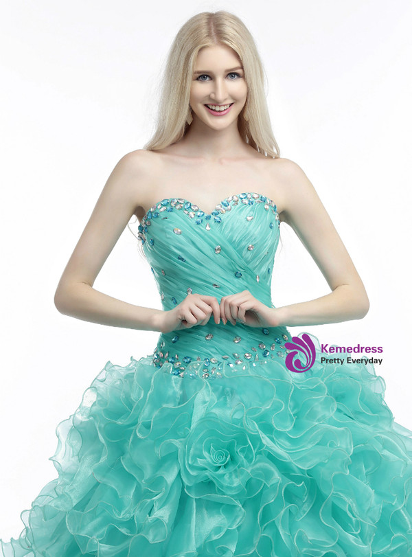 Green Ball Gown Sweetheart Neck Organza Ruffle Pleats Wedding Dress