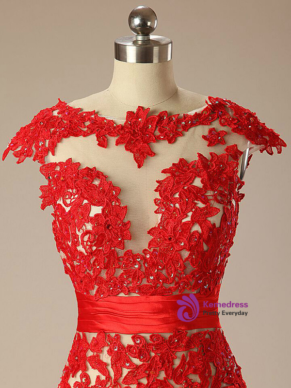 Red Mermaid Tulle Lace Cap Sleeve Backless Prom Dress