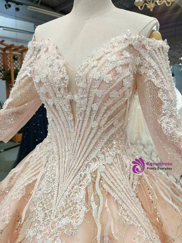 Champagne Ball Gown Short Sleeve Off The Shoulder Wedding Dress