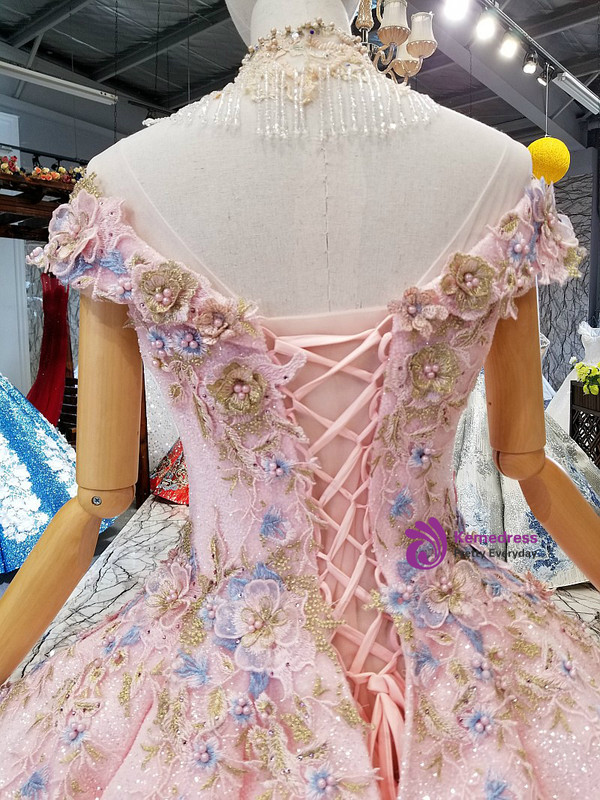 Pink Ball Gown Off The Shoulder Appliques Pearls Wedding Dress