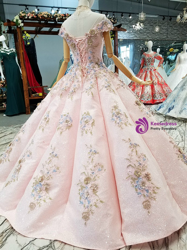 Pink Ball Gown Off The Shoulder Appliques Pearls Wedding Dress