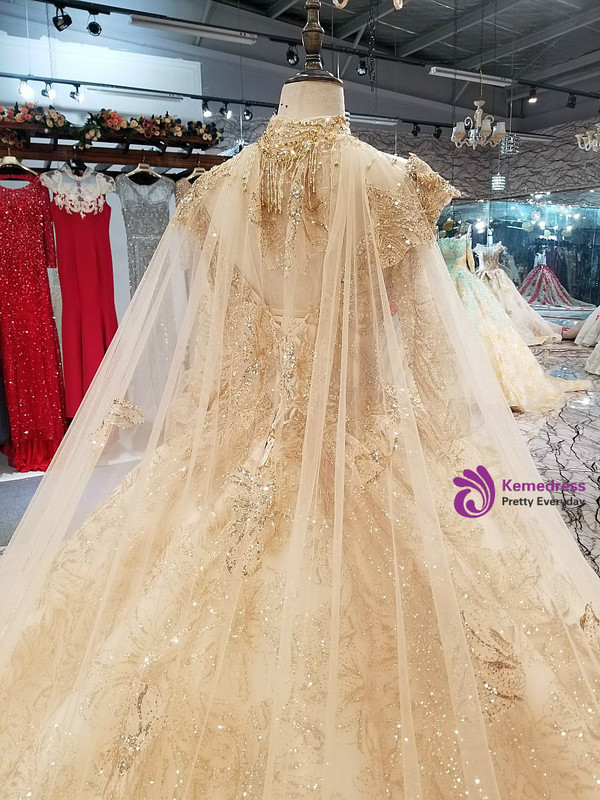 Champagne Ball Gown Long Sleeve Sequins Appliques Wedding Dress