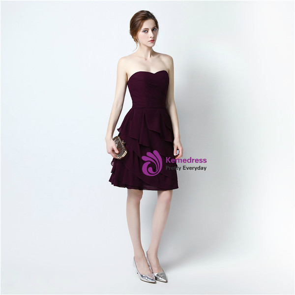 A-Line Burgundy Chiffon Sweetheart Knee Length Bridesmaid Dress