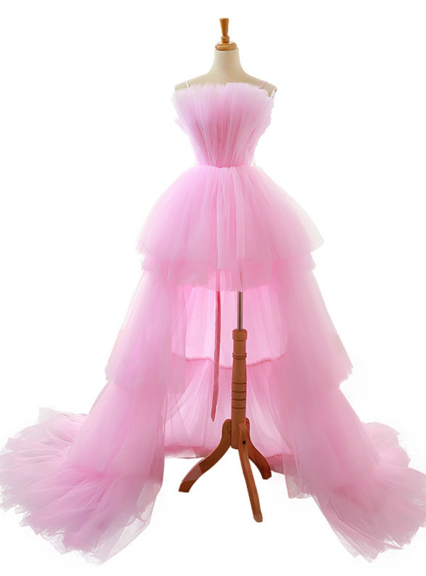 A-line Pink Spaghetti Straps Hi Lo Tulle Backless Wedding Dress