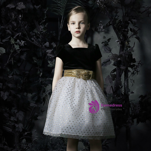 In Stock:Ship in 48 Hours White Black Tulle Cap Sleeve Girl Dress