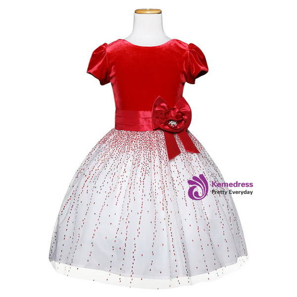 In Stock:Ship in 48 Hours Red Velvet White Tulle Sequins Flower Girl Dress