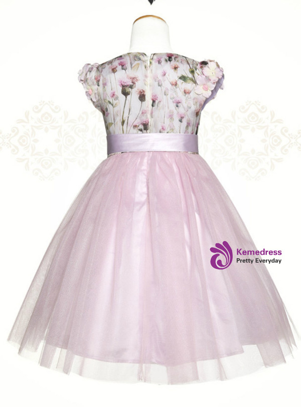 In Stock:Ship in 48 Hours Purple Tulle Print Cap Sleeve Girl Dress