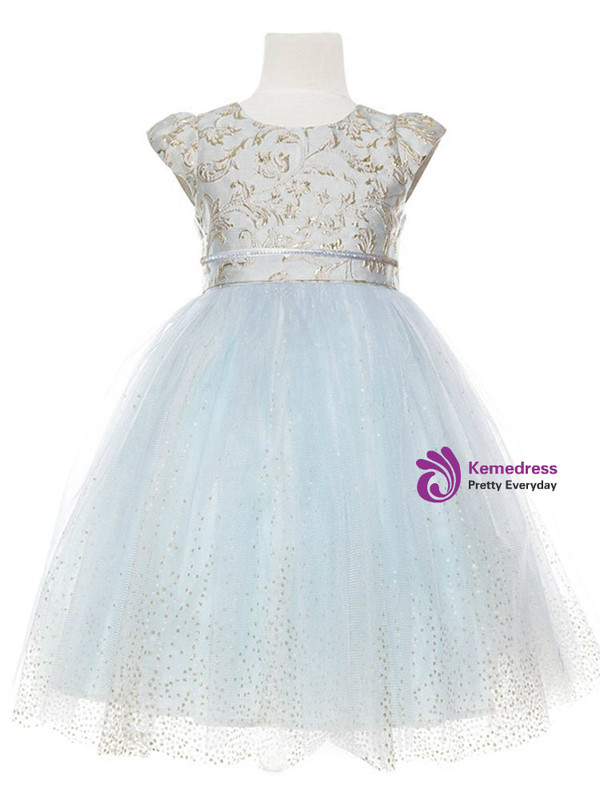 In Stock:Ship in 48 Hours Light Blue Tulle Cap Sleeve Girl Dress