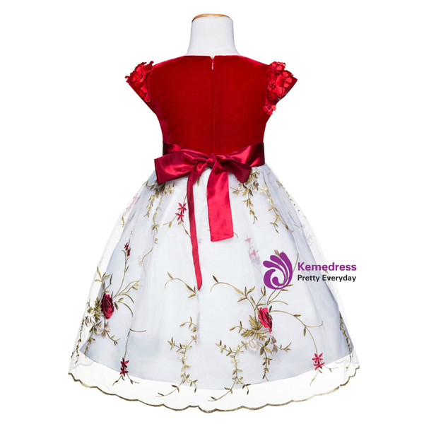 In Stock:Ship in 48 Hours White Print Tulle Red Velvet Girl Dress