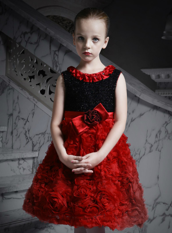 In Stock:Ship in 48 Hours Red Black Tulle With Beading Girl Dress