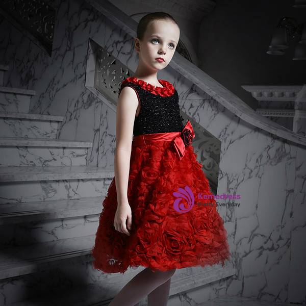In Stock:Ship in 48 Hours Red Black Tulle With Beading Girl Dress