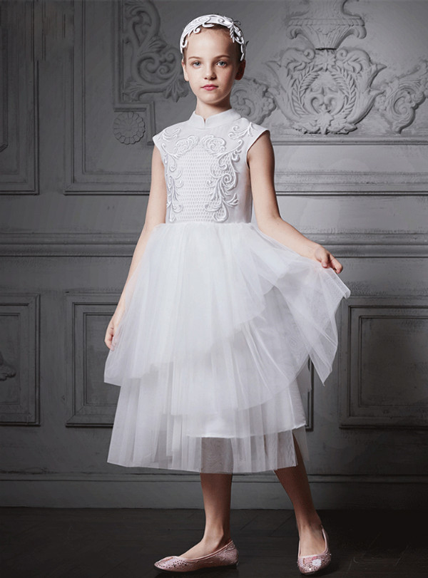 In Stock:Ship in 48 Hours White High Neck Tea Length Girl Dress
