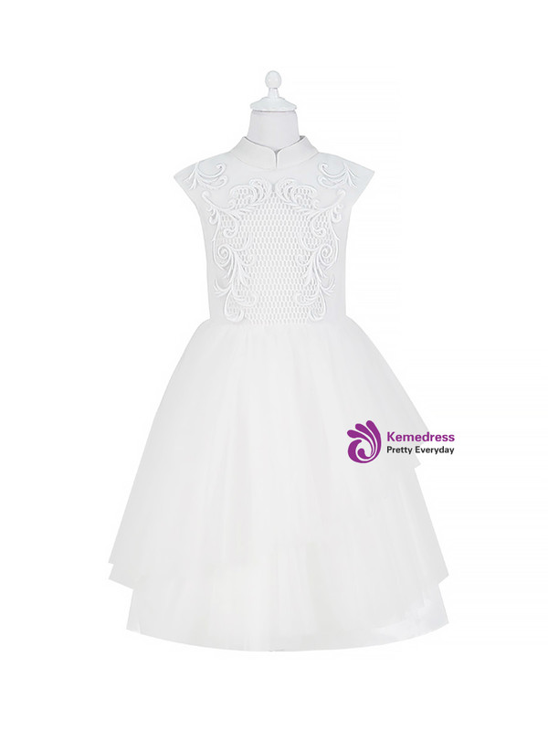 In Stock:Ship in 48 Hours White High Neck Tea Length Girl Dress