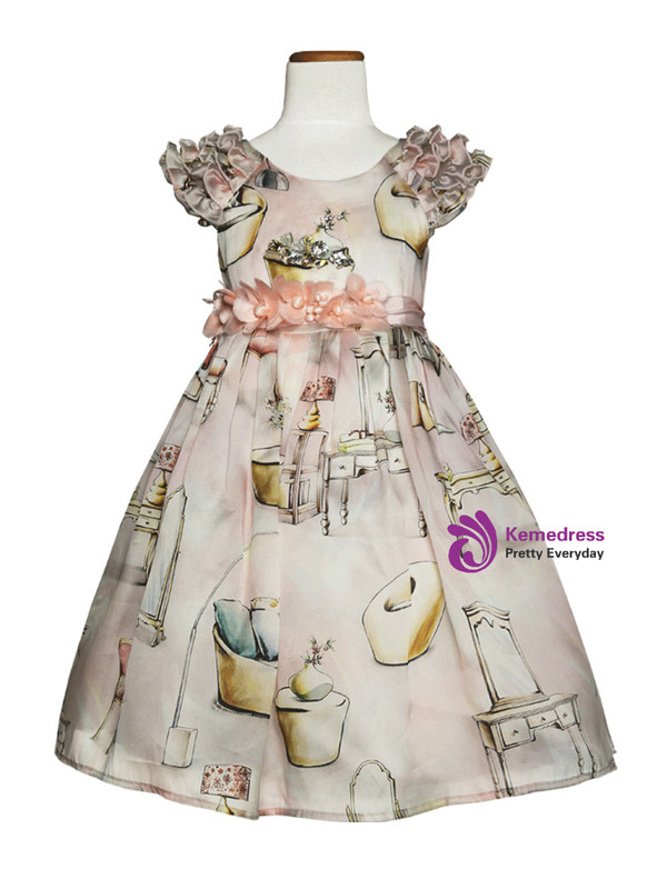 In Stock:Ship in 48 Hours Pink Print Appliques Flower Girl Dress