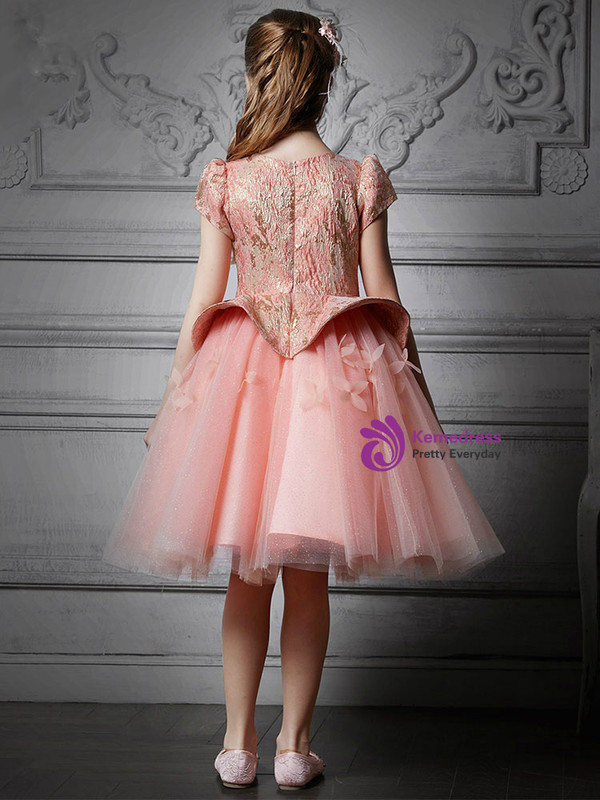 In Stock:Ship in 48 Hours Pink Tulle Cap Sleeve Flower Girl Dress