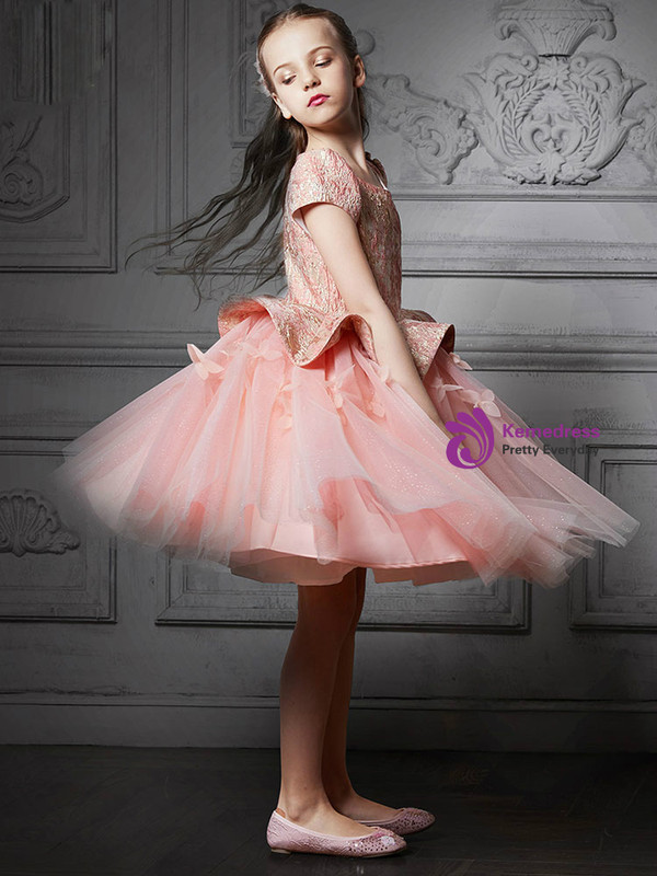 In Stock:Ship in 48 Hours Pink Tulle Cap Sleeve Flower Girl Dress