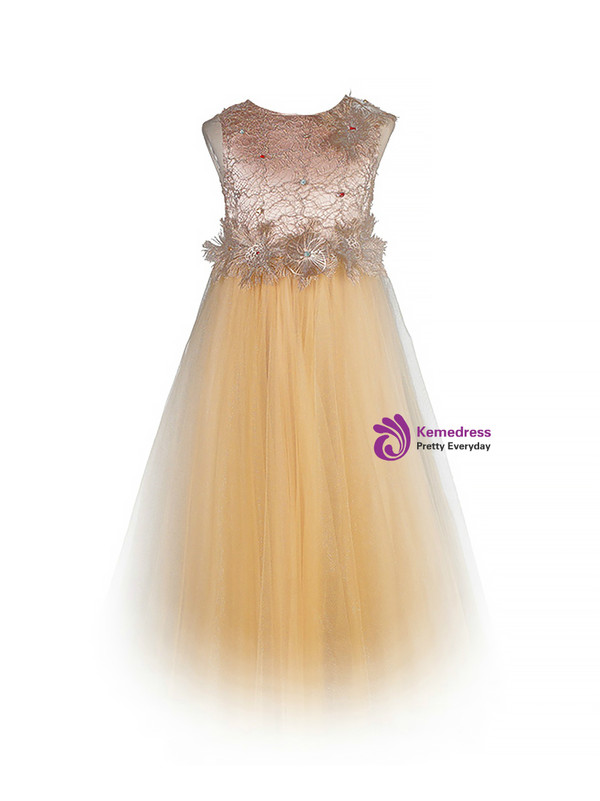 In Stock:Ship in 48 Hours Champagne Tulle Appliques Ankle Girl Dress
