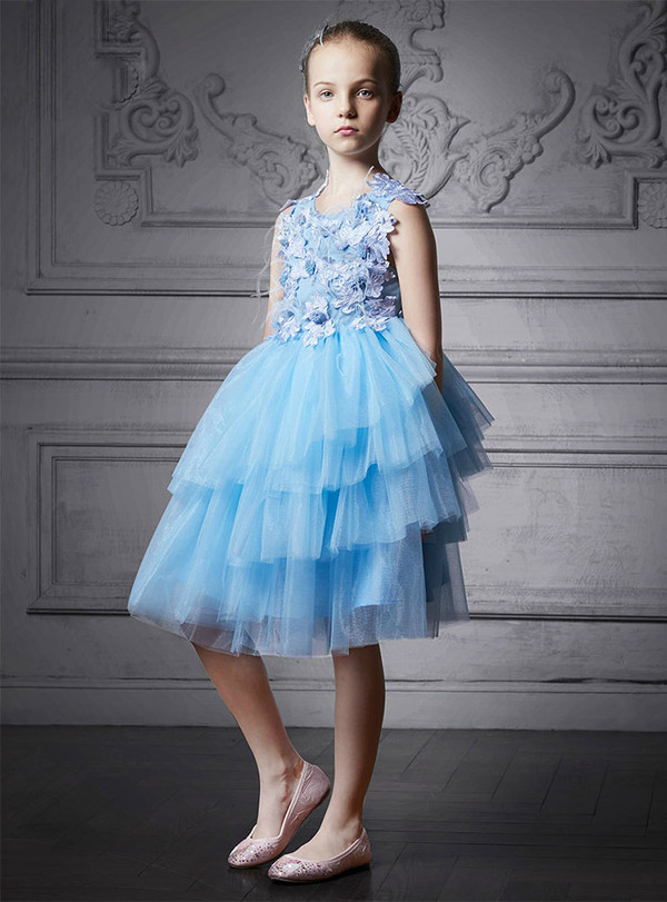 In Stock:Ship in 48 Hours Blue Tulle Appliques Knee Length Girl Dress
