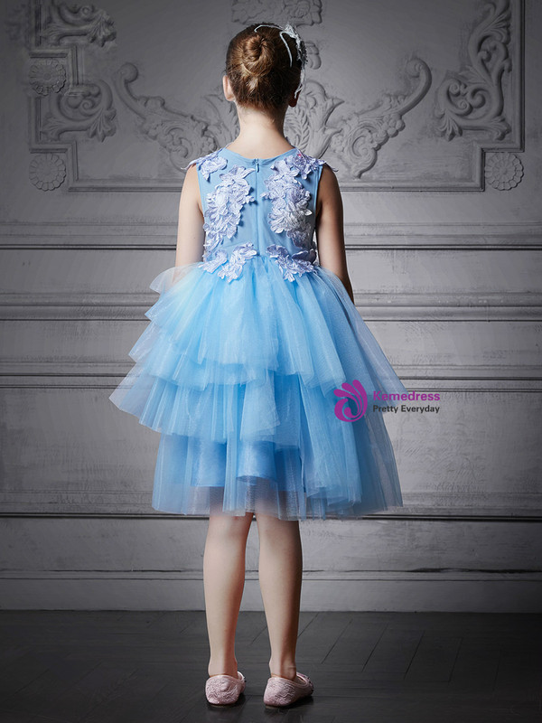 In Stock:Ship in 48 Hours Blue Tulle Appliques Knee Length Girl Dress