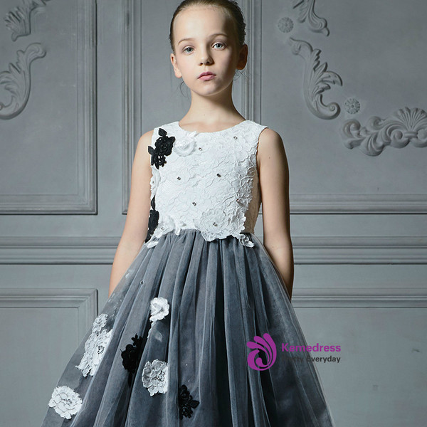 In Stock:Ship in 48 Hours With Gray Tulle Appliques Girl Dress