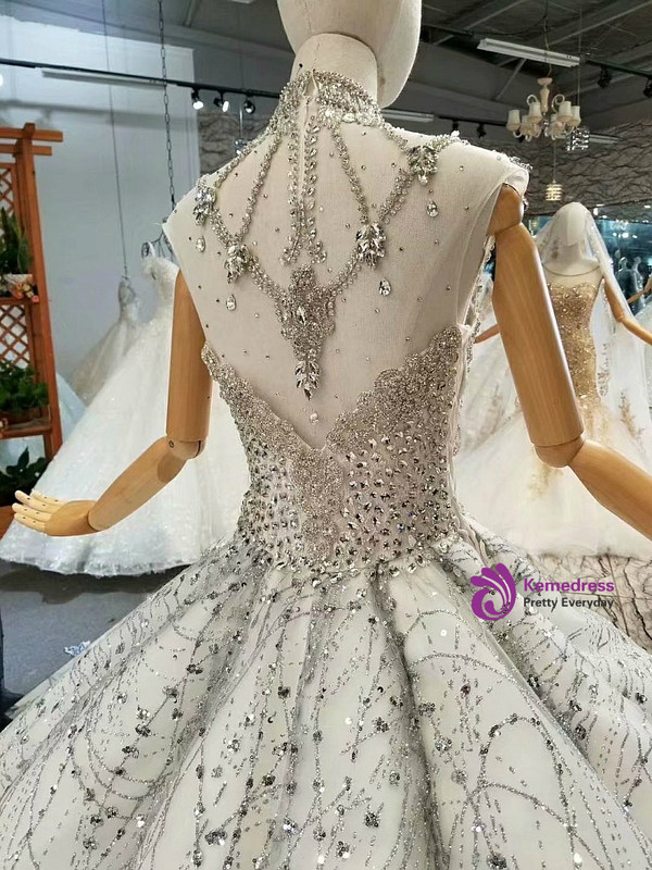 Silver Ball Gown High Neck Sequins Beading With Long Train Wedding Dress