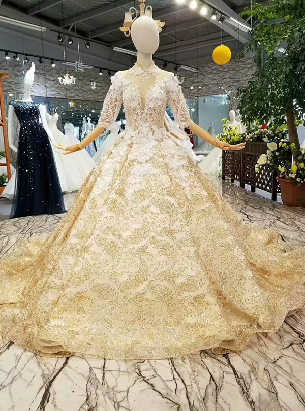 Gold Ball Gown High Neck Short Sleeve Sequins Appliques Wedding Dress