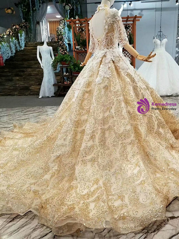 Gold Ball Gown High Neck Short Sleeve Sequins Appliques Wedding Dress