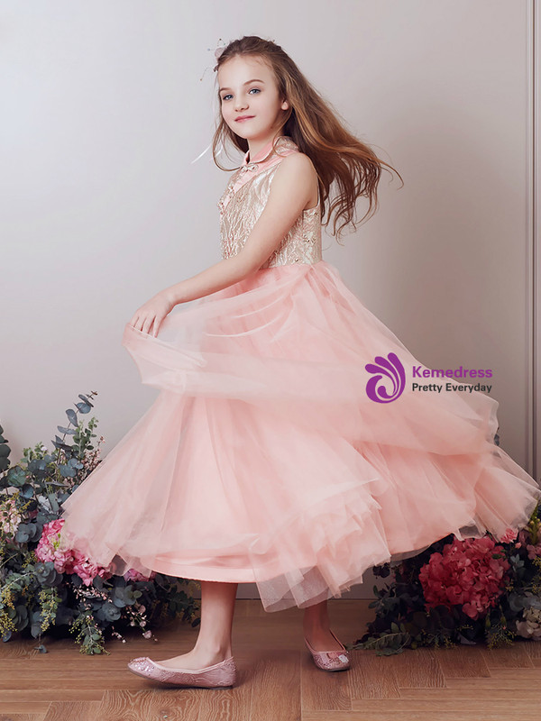 In Stock:Ship in 48 Hours Pink High Neck Tulle Tea Length Girl Dress