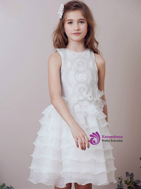 In Stock:Ship in 48 Hours White Chiffon With Beading Girl Dress