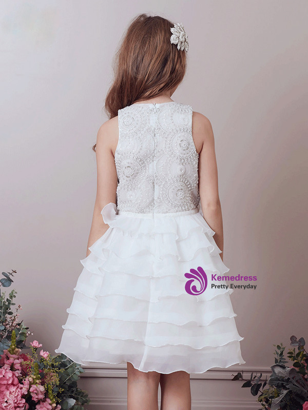 In Stock:Ship in 48 Hours White Chiffon With Beading Girl Dress