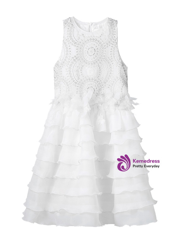 In Stock:Ship in 48 Hours White Chiffon With Beading Girl Dress