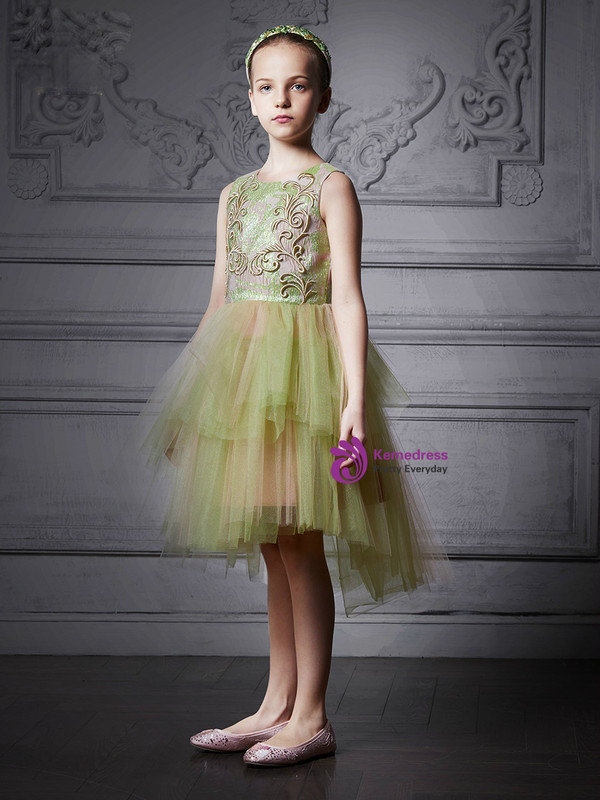 In Stock:Ship in 48 Hours Green Tulle Appliques With Coat Girl Dress