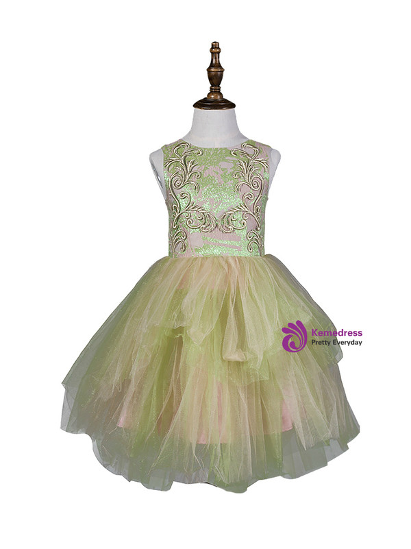 In Stock:Ship in 48 Hours Green Tulle Appliques With Coat Girl Dress