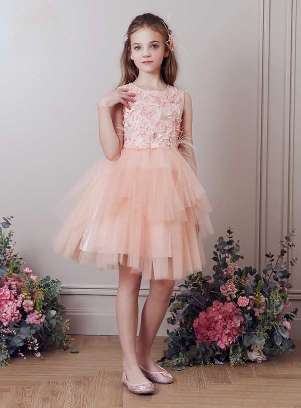 In Stock:Ship in 48 Hours Pink Tulle Appliques Short Flower Girl Dress