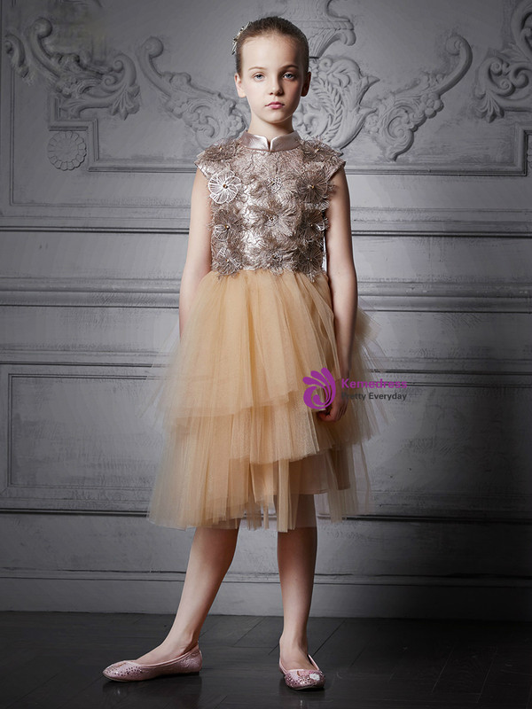 In Stock:Ship in 48 Hours Champagne Tulle High Neck Girl Dress