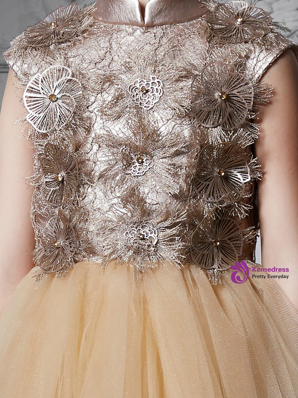 In Stock:Ship in 48 Hours Champagne Tulle High Neck Girl Dress