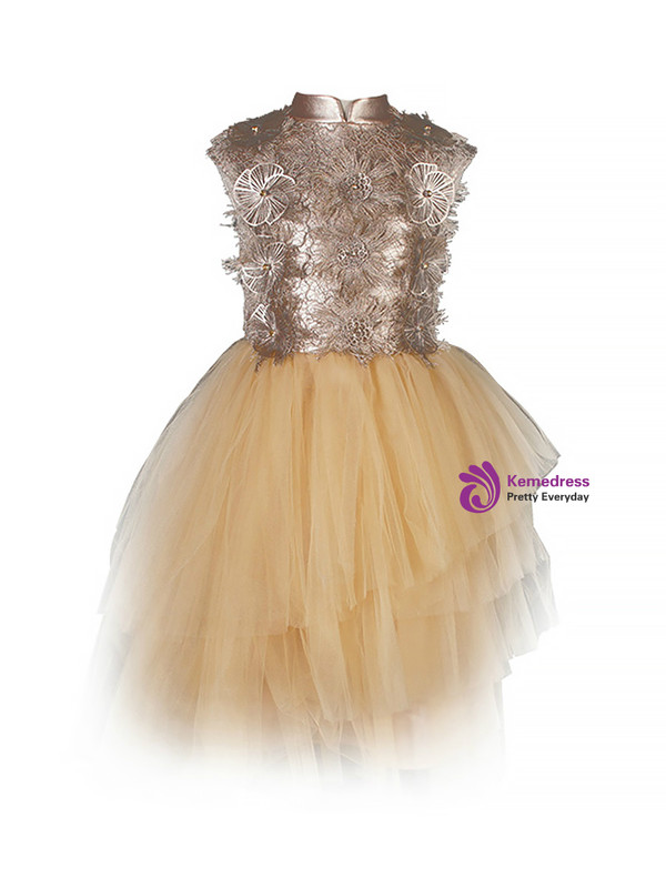 In Stock:Ship in 48 Hours Champagne Tulle High Neck Girl Dress