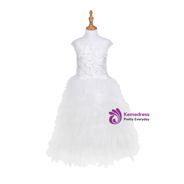 In Stock:Ship in 48 Hours White Tulle Appliques Tea Length Girl Dress
