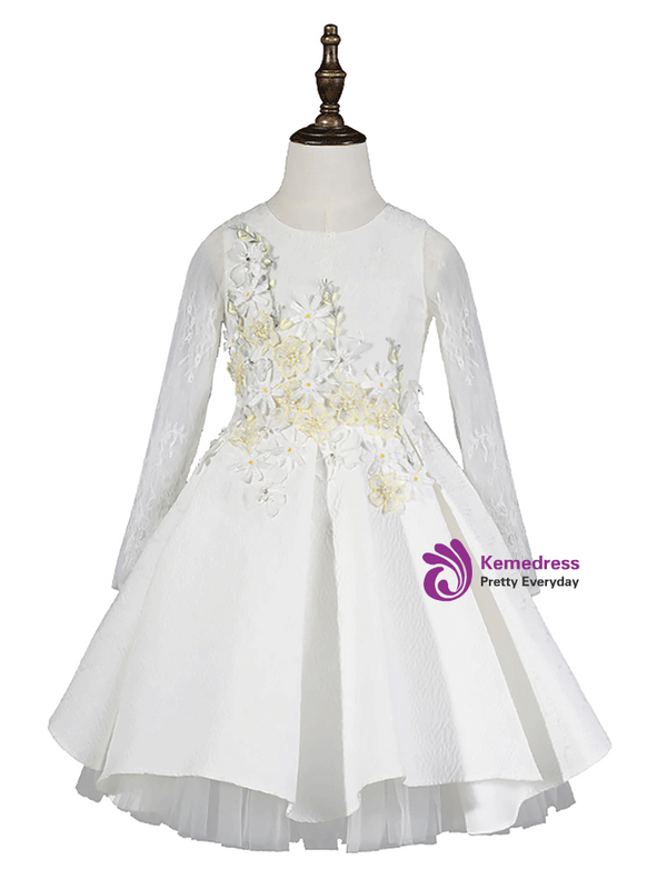 In Stock:Ship in 48 Hours White Tulle Long Sleeve Appliques Girl Dress