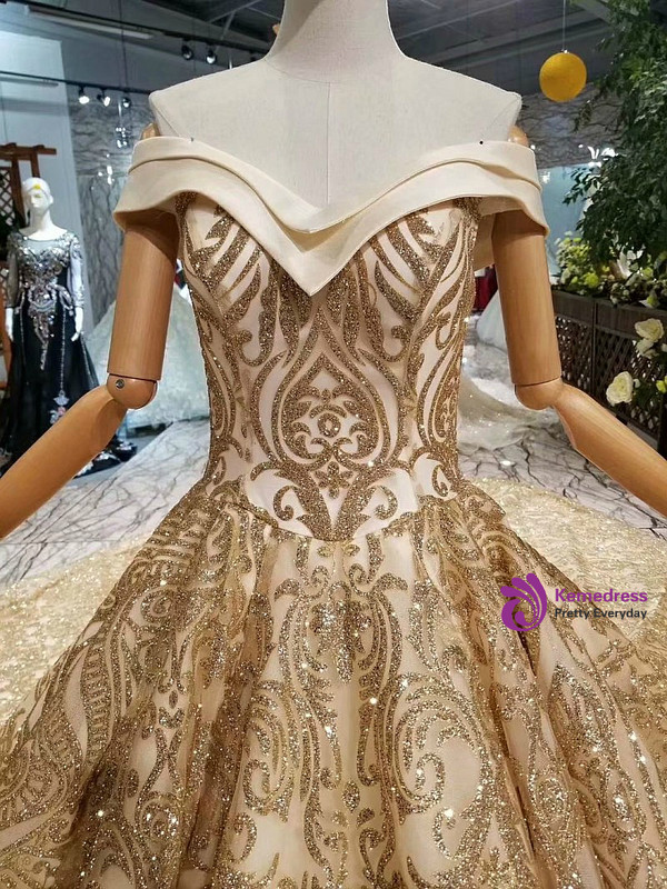 Ball Gown Gold Sequins Off The Shoulder Long Train Wedding Dress