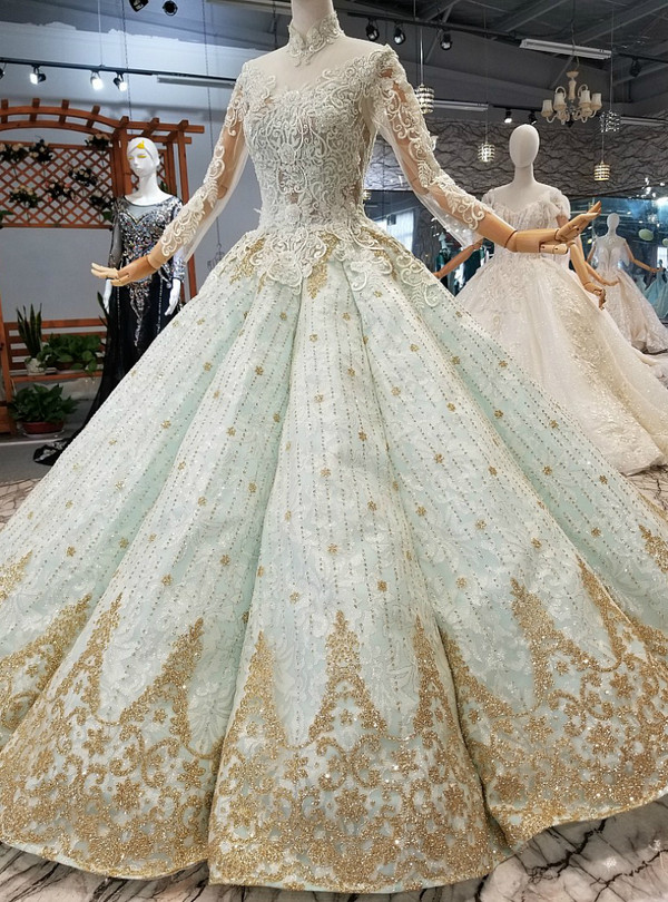 Blue Ball Gown Long Sleeve High Neck Backless Gold Appliques Wedding Dress