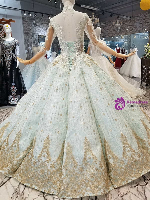 Blue Ball Gown Long Sleeve High Neck Backless Gold Appliques Wedding Dress