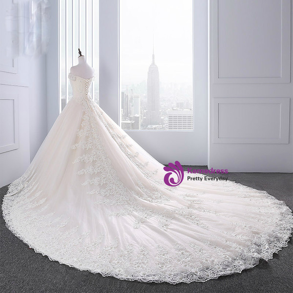 Champagne Ball Gown Tulle Appliques Off The Shoulder Wedding Dress