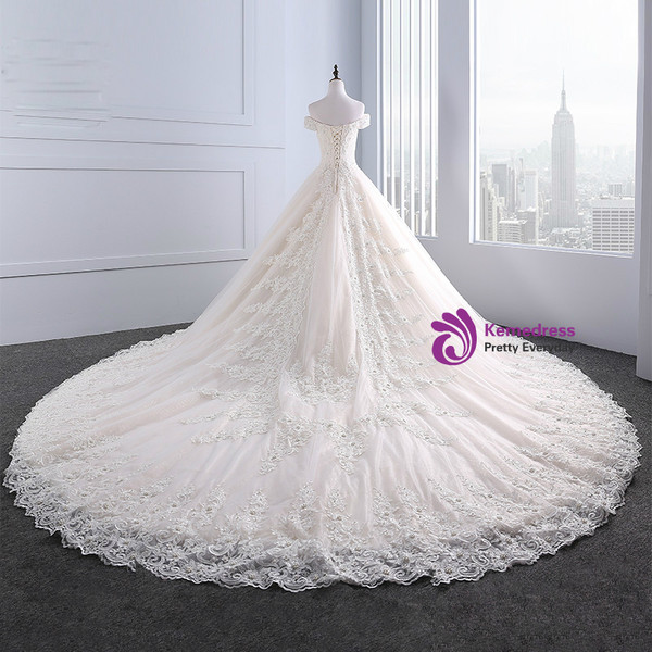 Champagne Ball Gown Tulle Appliques Off The Shoulder Wedding Dress