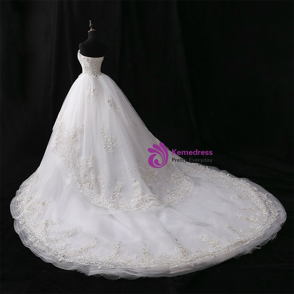 White Ball Gown Tulle Sweetheart Train With Crystal Wedding Dress